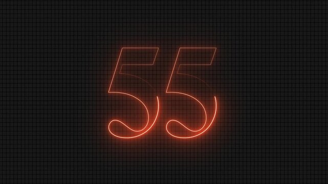 Glowing neon number fifty five on dark grid background