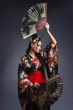 Japanese Kitsune Fantasy Woman in Kimono with Folding Fans