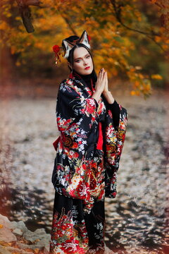Japanese Kitsune Fantasy Woman in Kimono Praying in Autumn Forest