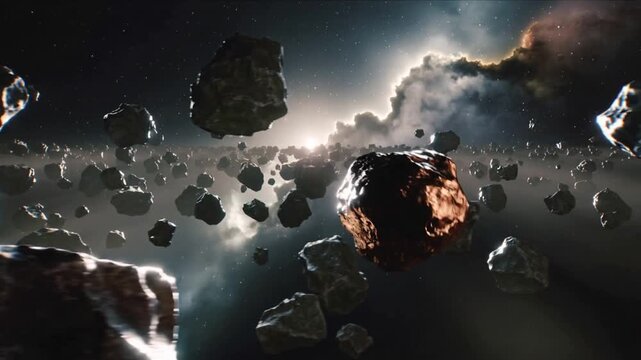 Gliding camera starting forward, approaching glowing asteroid revealing molten interior near nebula