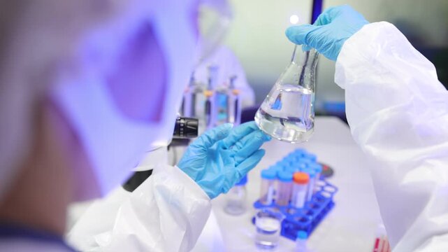 Asian scientist examining a liquid chemical sample in laboratory.