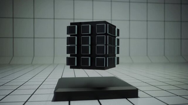 Rising 3x3 black modular cube hovering above pedestal in tiled test chamber, revealing seams