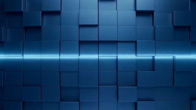 Pulsing central light intensifying, expanding into horizontal beam on blue cubes, showing depth