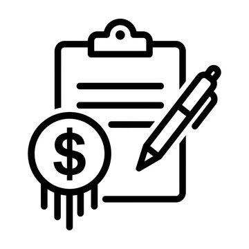 Financial document icon with clipboard, pen and dollar symbol for accounting