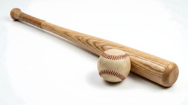 A classic wooden baseball bat and a white leather ball with red stitching used for playing professional sports