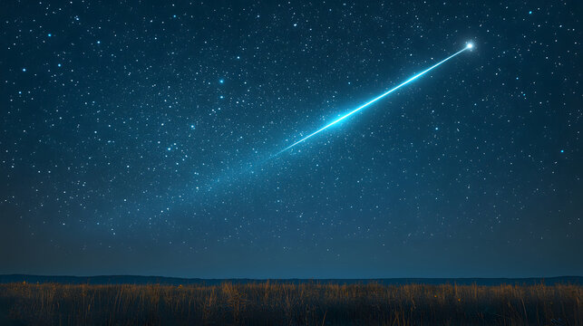 Bright shooting star meteor streak falling down across a dark blue starry night.