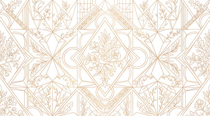 Naklejka premium Elegant seamless pattern with golden floral motifs and geometric diamond shapes, luxury vintage wallpaper design