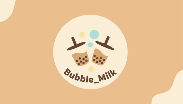 Cute bubble milk tea brand logo featuring two cups with boba pearls clinking together on a warm beige background.