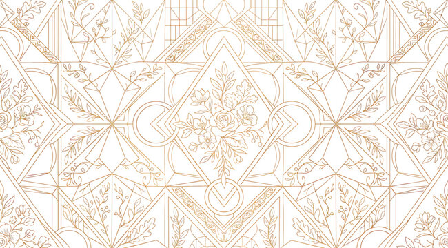 Elegant seamless pattern with golden floral motifs and geometric diamond shapes, luxury vintage wallpaper design