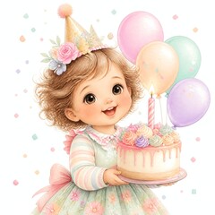 Fototapeta premium Pastel Toddler In Party Crown Holding Frosted Birthday Cake