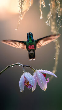 Iridescent hummingbird hovering over orchid flowers, tropical bird with spread wings in soft morning light, exotic wildlife nature photography