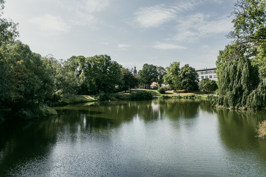 View of a peaceful lake surrounded by lush green trees and parkland in Copenhagen, Denmark.
