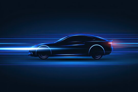 Sleek electric car in motion, bathed in vibrant blue light trails