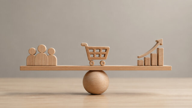 Wooden balance scale with people, shopping cart, and growth chart icons symbolizes economic soft landing, stability, and market equilibrium