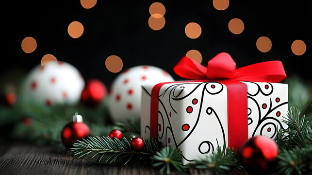 Wrapped Christmas gift box with red ribbon standing amongst festive white baubles.