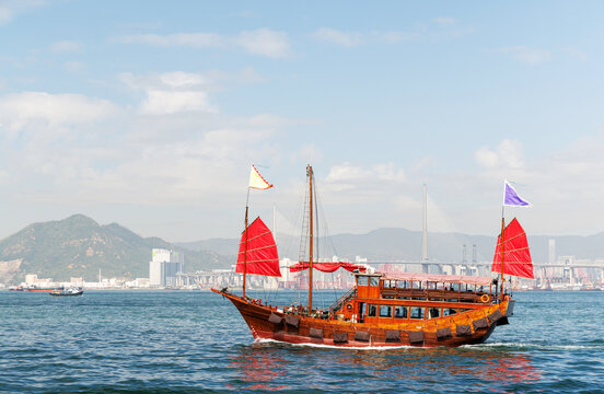 Hong Kong skyscraper panorama on a sunny day with water and boats