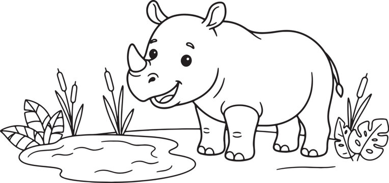 Cute cartoon hippo relaxing on lily pad in pond