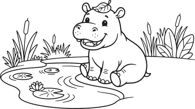 Cute cartoon hippo floating on water with plants