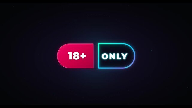 Age restriction 18 plus neon glowing button for adult video content