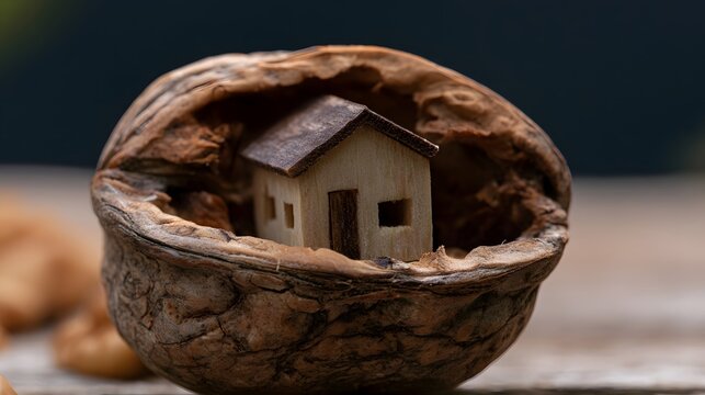 A miniature wooden house nestled inside an open walnut shell  showcasing detailed craftsmanship and natural textures