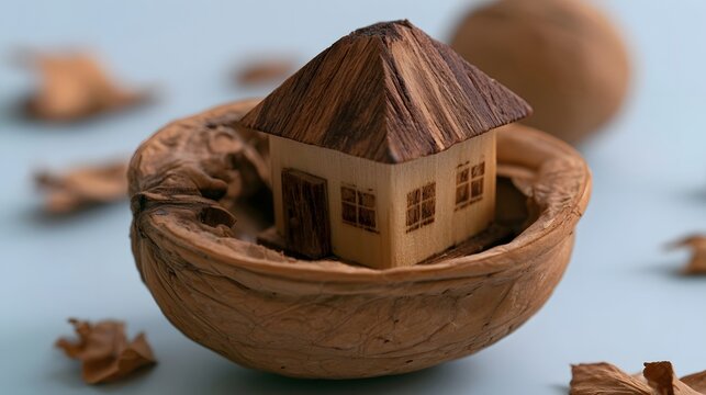 A miniature wooden house nestled inside a cracked walnut shell  surrounded by scattered husk fragments on a soft blue surface