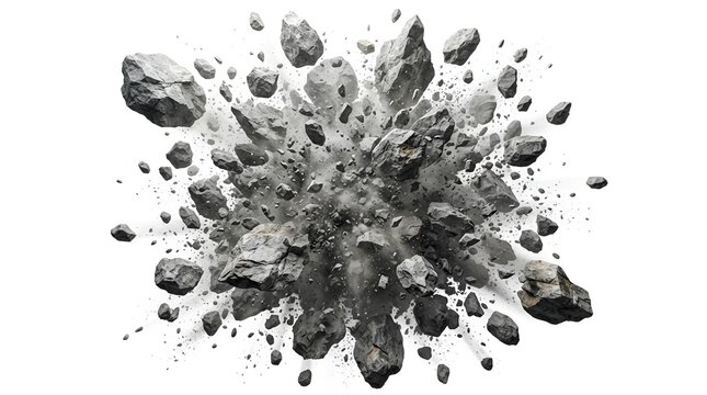 rumbling grey rocks falling isolated dramatic scene 3d pile ruin hard on white background