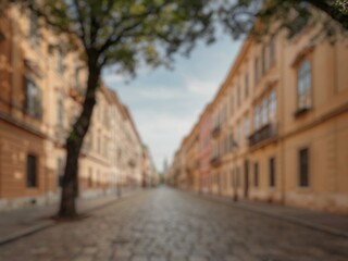 Fototapeta premium Blur image of a quiet city street with classic facades and greenery, suitable for architecture, tourism, urban lifestyle, and travel concepts.