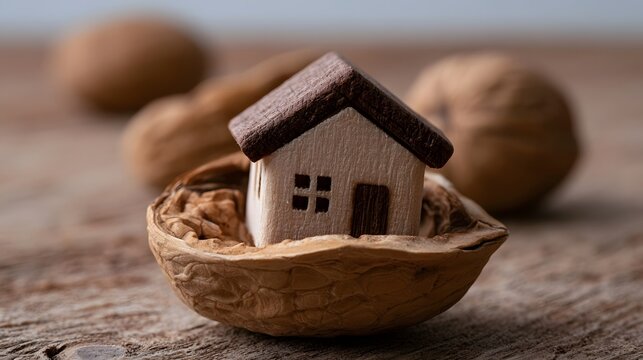 A miniature wooden house nestled inside an open walnut shell on a rustic wooden surface  with other walnuts blurred in the background