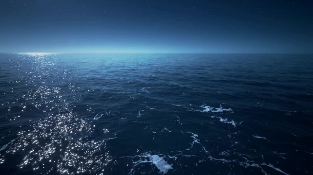 Tracking camera initiating glide over open ocean at night, capturing whitecaps and left shimmer