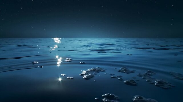 Rippling sea forming circular rings after local impact at night, moonlit path and foam patches