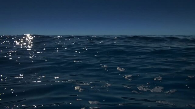 Bobbing camera capturing sea surface drifting past waterline, showing foam patches and sun glare