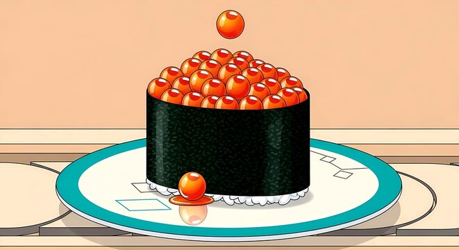 ikura (salmon roe) gunkan with a perfect pile of glistening orange eggs, the nori seaweed crisp and dark, featuring a single egg about to fall