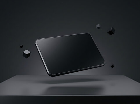 Modern floating tablet device surrounded by small cubes in space transparent background
