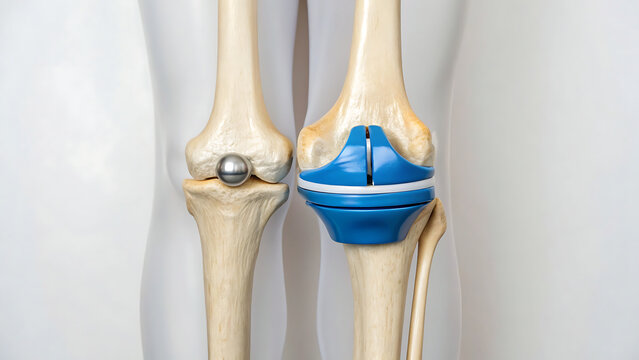 3D medical illustration of knee joint replacement surgery with prosthetic implant in human leg