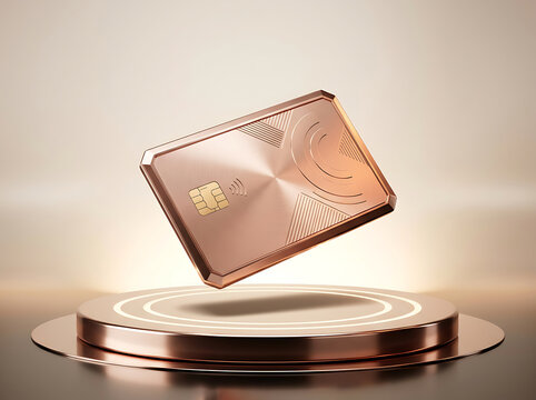 Modern metallic contactless card floating above circular platform transparent background