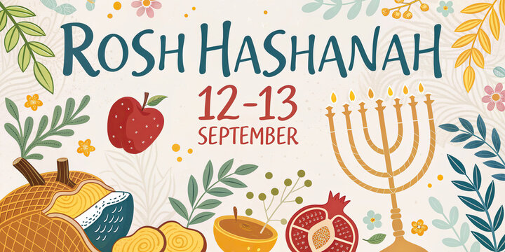 Rosh Hashanah Jewish New Year Celebration with Apple Honey Shofar and Festive Symbols