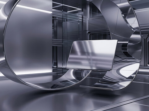 Modern metallic futuristic laptop inside shiny cylindrical room design transparent background