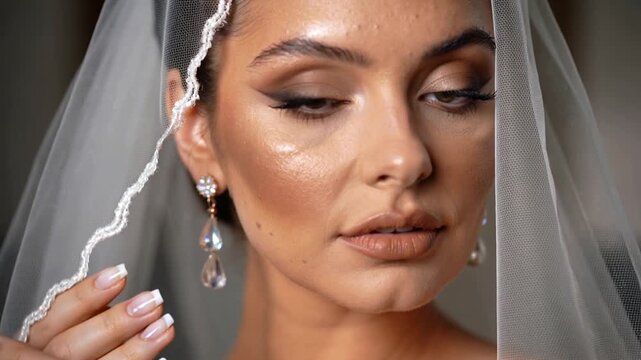 Adjusting bride's veil and teardrop earring while preparing for wedding in bridal suite, lace trim