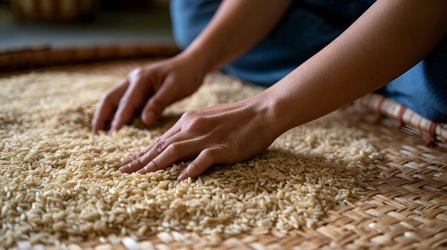 A person s hands gently sorting raw rice grains spread across a woven bamboo mat in a calm  focused setting