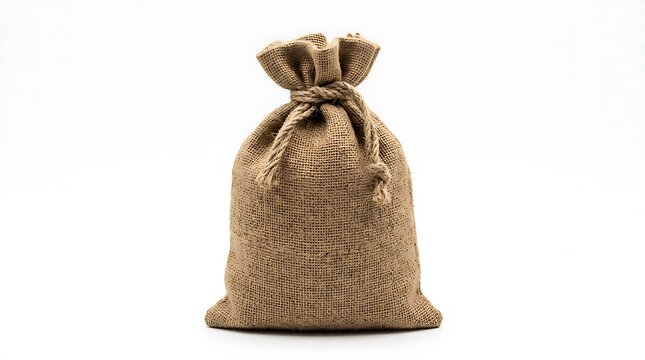 A rustic brown burlap sack tied with a green rope string standing upright and ready to store goods and materials