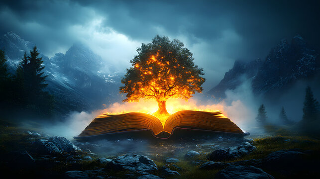 Magical glowing fantasy tree growing out from an open book pages.