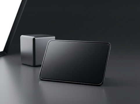 Modern sleek tablet device placed next to speaker on reflective surface transparent background