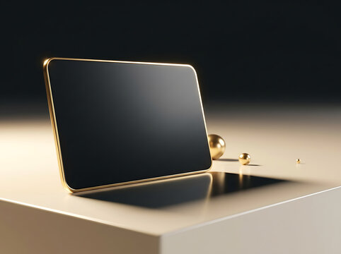 Modern sleek tablet device resting on reflective surface with golden spheres transparent background