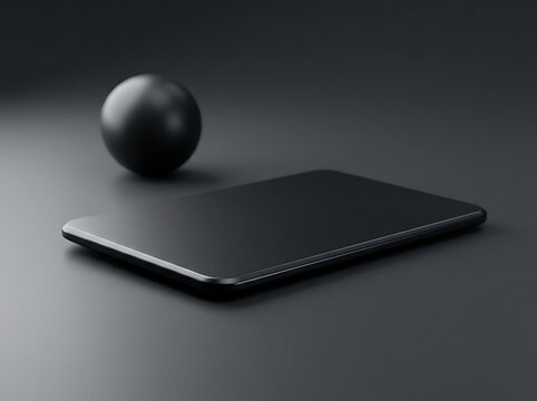 Modern sleek tablet device with reflective black spherical object nearby transparent background