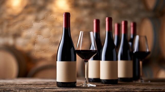 Elegant still life background featuring several bottles of red Burgundy wine standing on a rustic wooden wine cellar table, a subtly embossed outline map of France etched into the