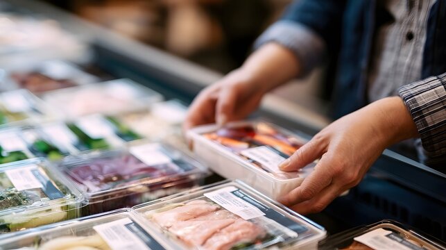 A person selecting packaged meat products from a refrigerated display case in a grocery store