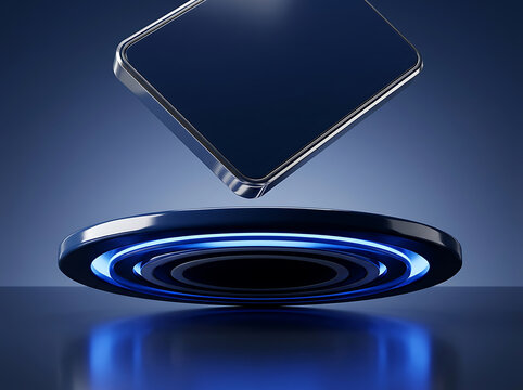 Modern smartphone hovering above wireless charging pad with blue light effect transparent background