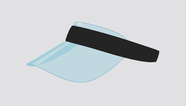 Transparent blue plastic sun visor hat with a black elastic headband shown from a side view on a plain gray background.