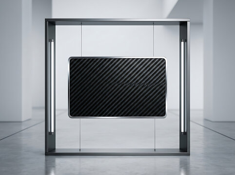 Modern suspended carbon fiber panel display inside minimalist metal frame setting transparent background