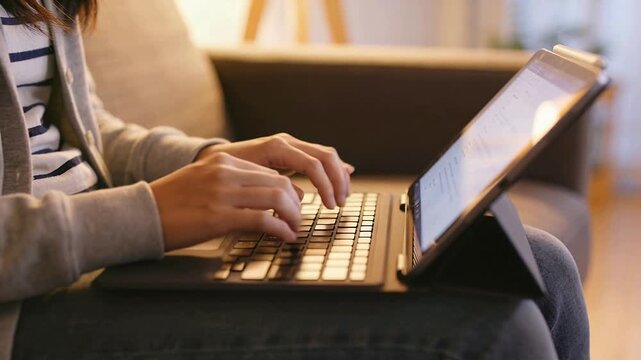 Approaching keys, woman wearing gray hoodie, hands beginning typing on couch, tablet folio for work
